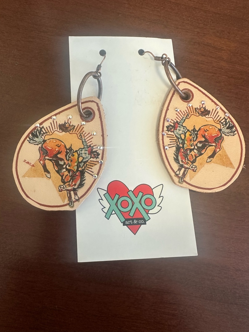 XOXO Tan and Orange Western Bull Leather Dangle Earrings
